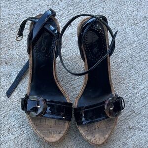 Aldo Glossy Black Sandals with Cork Sole